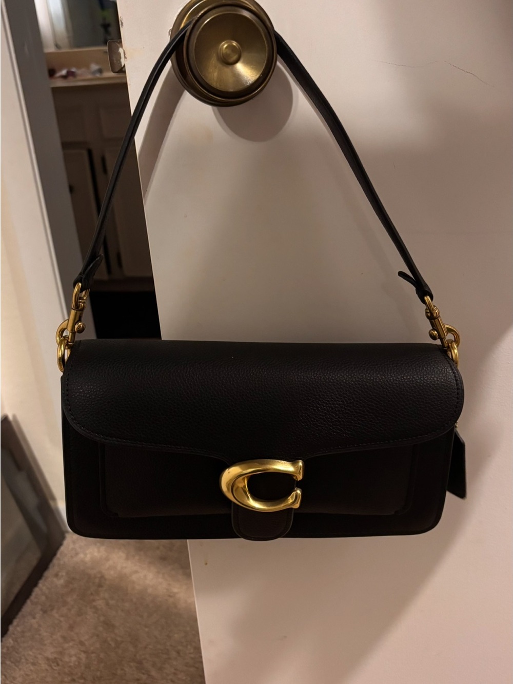 Black Leather Shoulder Bag with Gold Hardware